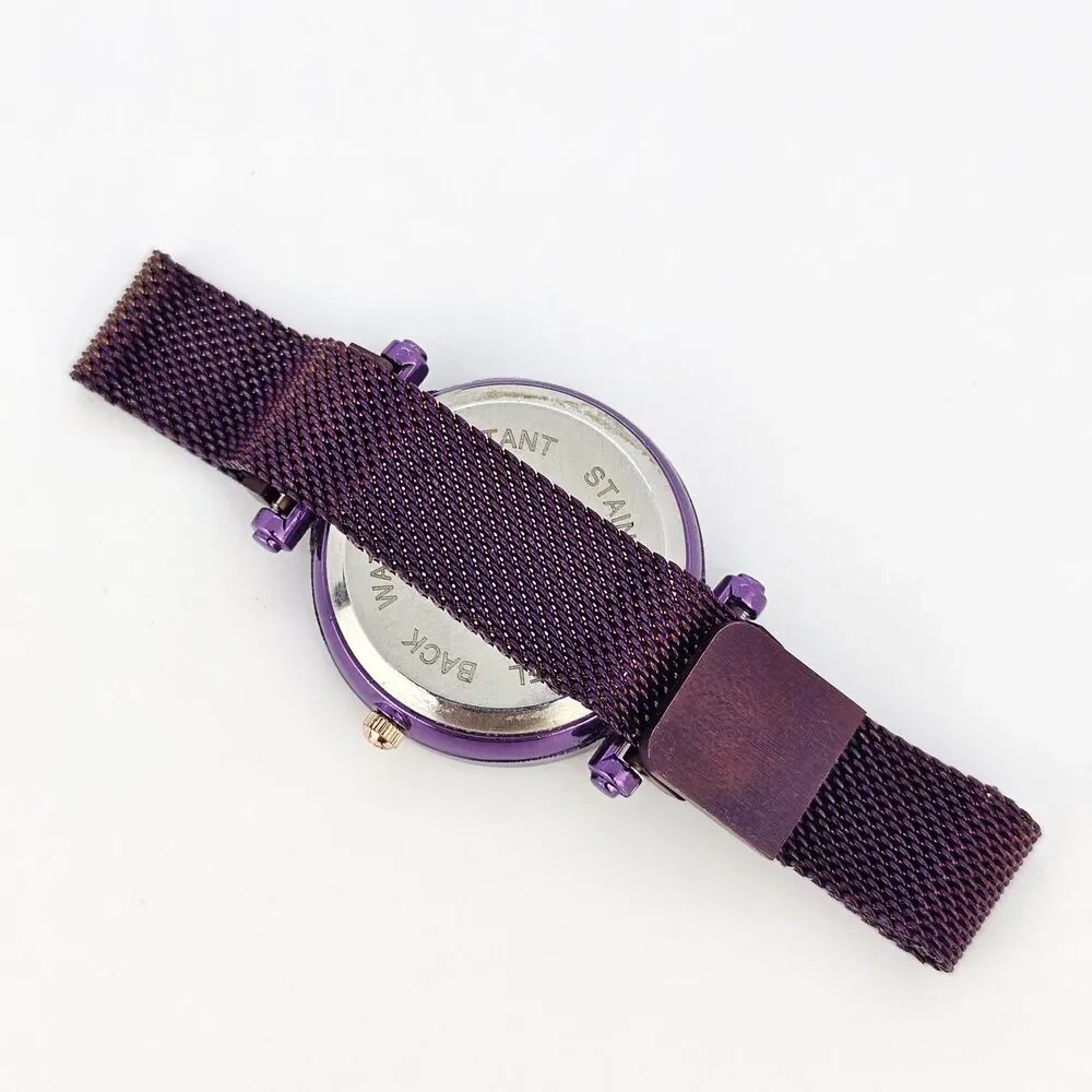 34MM Women's Watch Black Glitter Dial Purple‎ Mesh Band Up to 9